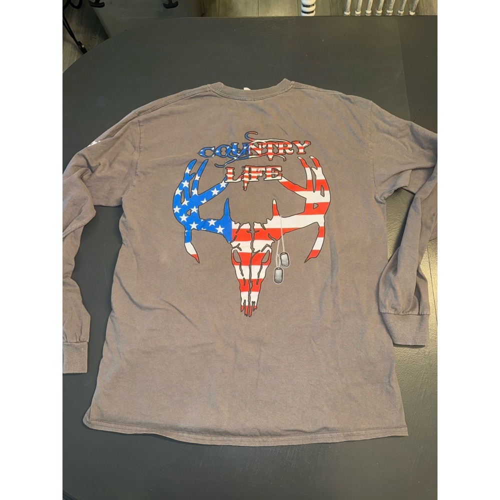American Flag/Hunting/Dog Tag Long Sleeve T Shirt Men's Size L Country Life